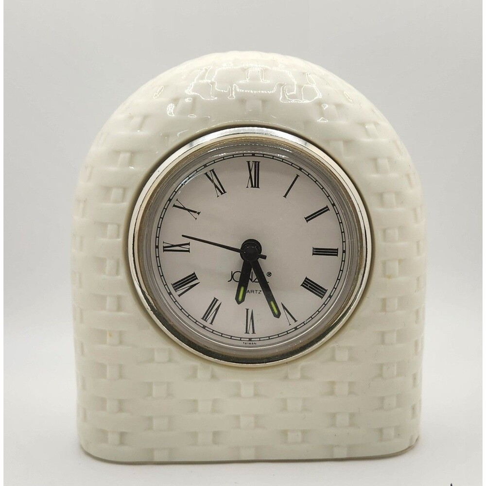 Vtg Joanl Ceramic Basketweave Mantel Clock Cream Porcelain Quartz Desk Untested